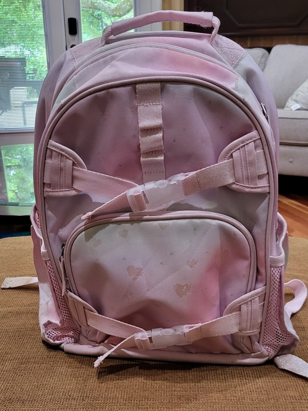 Pottery Barn Kids Pink Heart Print Backpack, Size Large